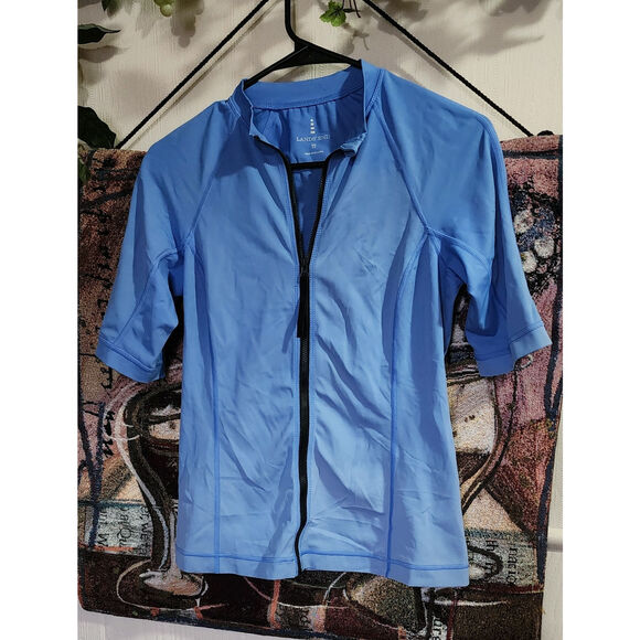 Lands' End Activewear Top Ombre Blue Short Sleeve Stretch Full Zip Front XS - Picture 1 of 3